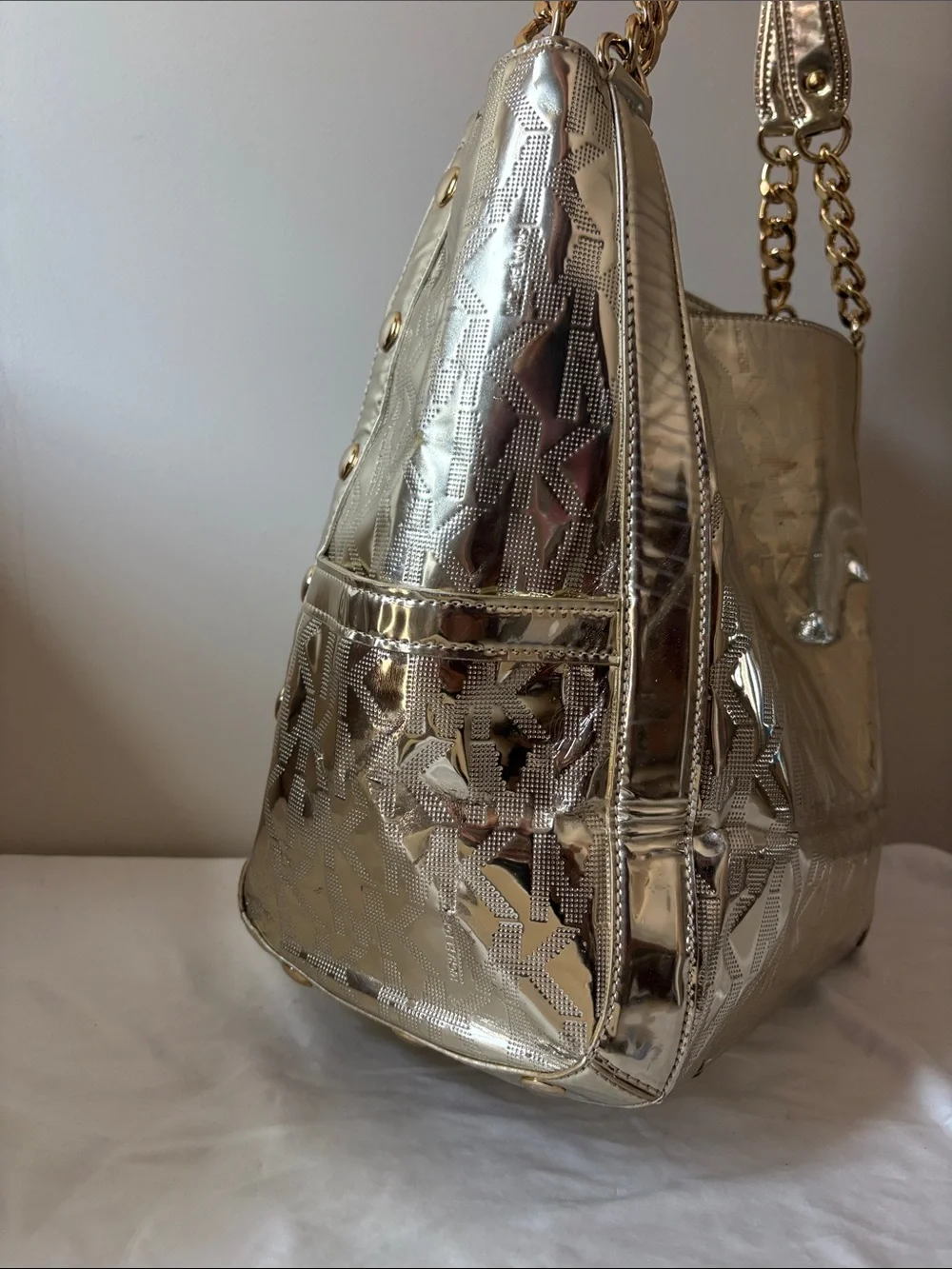 Michael Kors Shiny Metallic Gold Logo-Embossed Tote